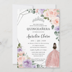 Purple Blush Floral Rose Dress Silver Quinceañera Invitation