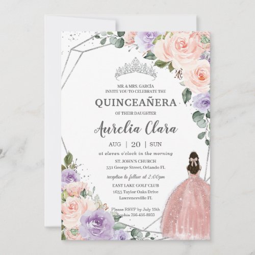Purple Blush Floral Rose Dress Silver Quinceaera  Invitation