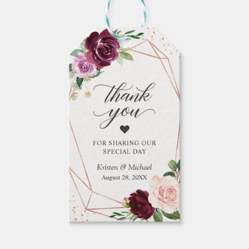 Purple Blush Floral Rose Gold Wedding Thank You Gift Tags - Customize this "Rose Gold Geometric Purple Blush Floral Wedding Thank You Gift Tag" to add a special touch. It's a perfect addition to match your colors and styles. For further customization, please click the "customize further" link and use our design tool to modify this template. If you need help or matching items, please contact me.