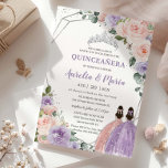 Purple Blush Floral Rose Twins Silver Quinceañera  Invitation<br><div class="desc">Personalize this lovely quinceañera invitation for twins with own wording easily and quickly. Simply click the "Edit Using Design Tool" button to modify the text, wording, font style, font size, and font color. You can also add or remove text, and move or remove images. The crown and girls are movable,...</div>