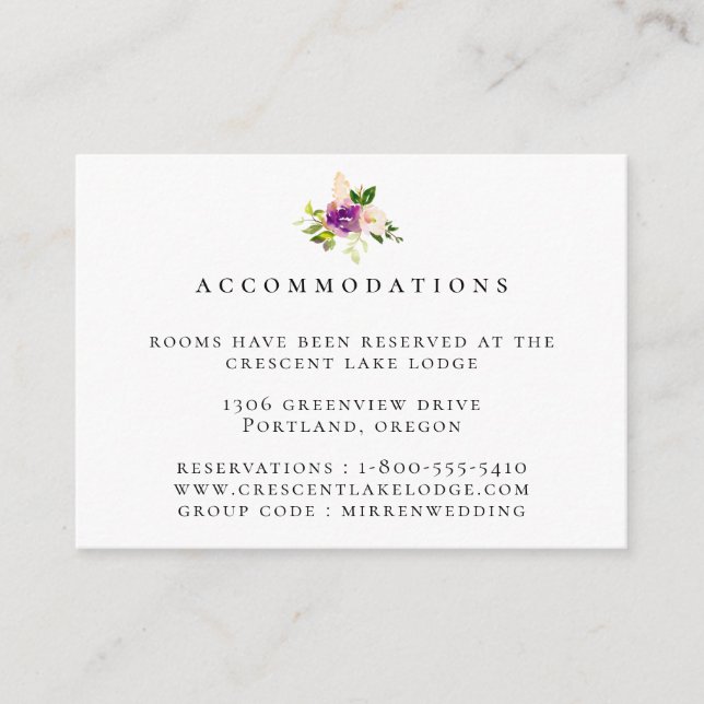 Purple Blush Floral Wedding Accommodations Enclosure Card (Front)