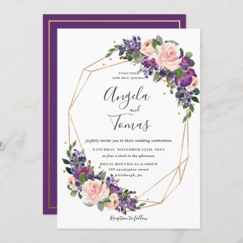 Purple Blush Floral Wedding Geometric Gold Frame Invitation