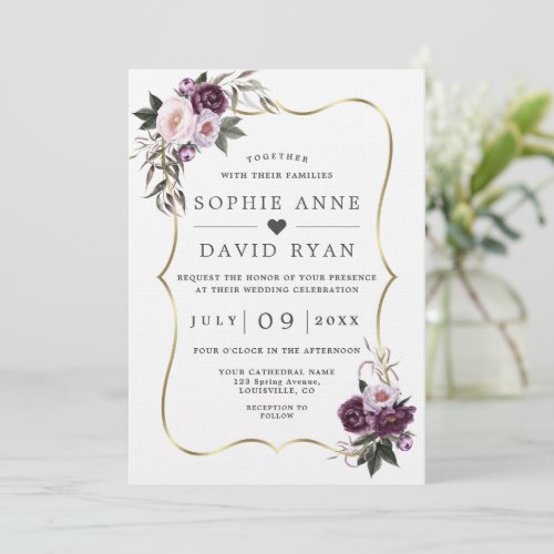 Purple Blush Flowers Gold All In One Wedding  Invitation
