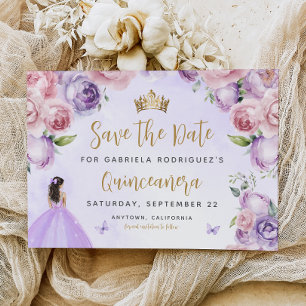Purple Blush Gold Floral Watercolor Quinceañera Save The Date
