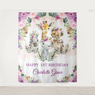 Purple Blush Jungle Safari Animals Happy Birthday Tapestry
