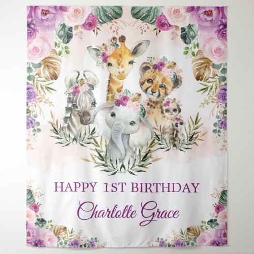 Purple Blush Jungle Safari Animals Happy Birthday Tapestry