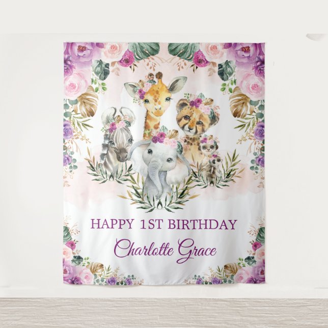 Purple Blush Jungle Safari Animals Happy Birthday Tapestry (Front)