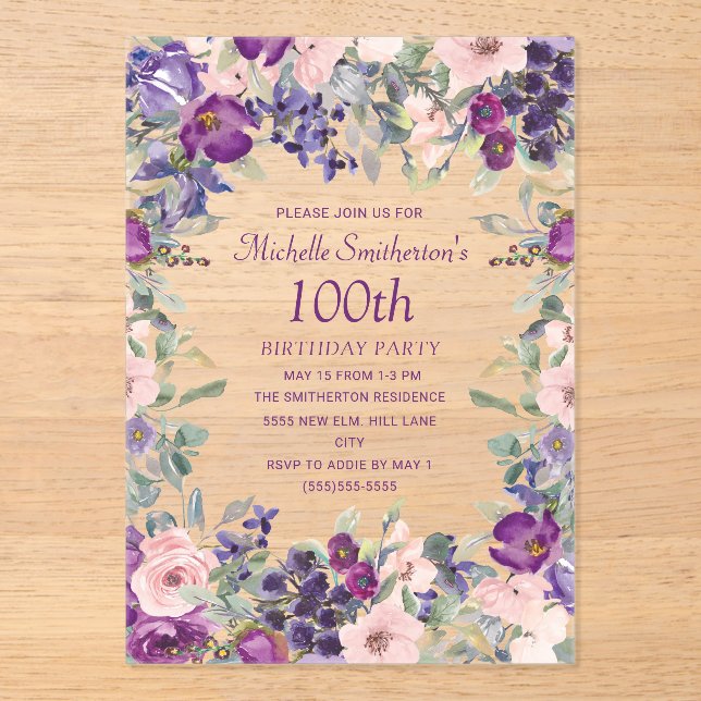 Purple Blush Pink Floral 100th Birthday  Acrylic Invitations (Front)