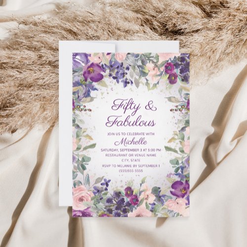 Purple Blush Pink Floral 50 and Fabulous Invitation