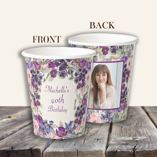 Purple Blush Pink Floral Birthday Photo  Paper Cups