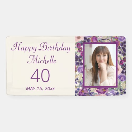 Purple Blush Pink Floral Birthday Welcome Photo Banner