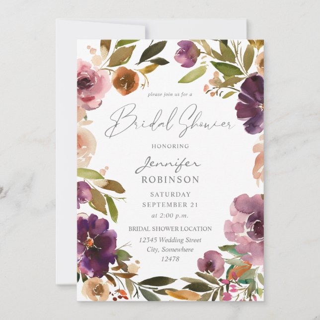 Purple & Blush Pink Floral Bridal Shower V2 Large Invitation (Front)