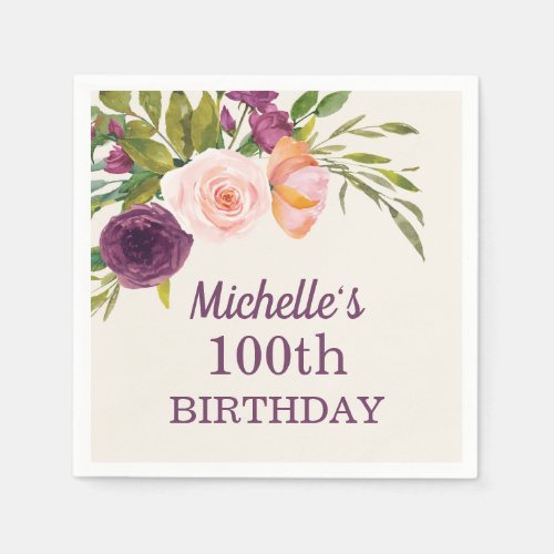 Purple Blush Pink Floral Cream 100th Birthday Napkins