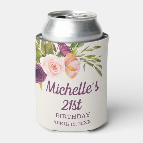Purple Blush Pink Floral Cream 21st Birthday Can Cooler