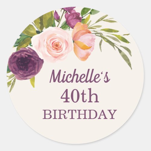 Purple Blush Pink Floral Cream 40th Birthday Classic Round Sticker
