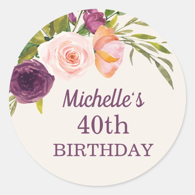 Purple Blush Pink Floral Cream 40th Birthday Classic Round Sticker (Front)