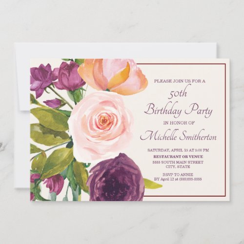 Purple Blush Pink Floral Cream 50th Birthday