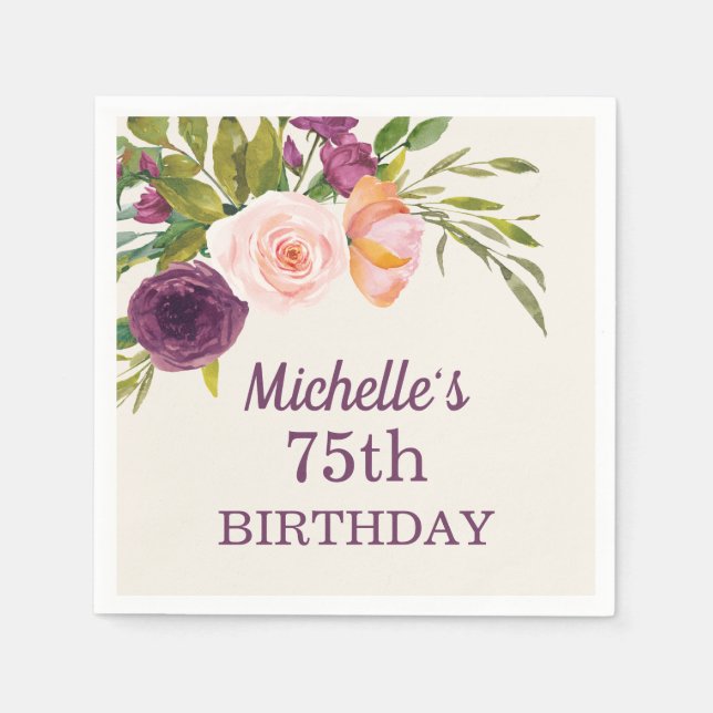 Purple Blush Pink Floral Cream 75th Birthday Napkins (Front)