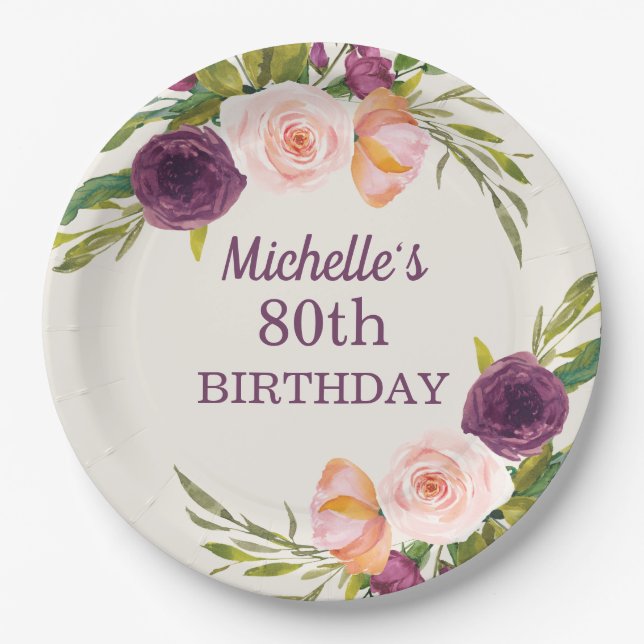 Purple Blush Pink Floral Cream 80th Birthday Paper Plates (Front)