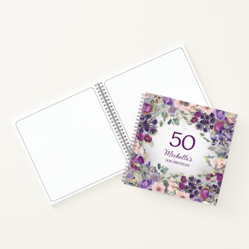 Purple Blush Pink Floral Custom 50th Birthday Notebook