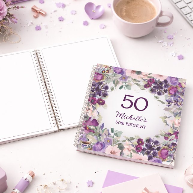 Purple Blush Pink Floral Custom 50th Birthday Notebook (Purple and pink watercolor floral 50th birthday party notebook)