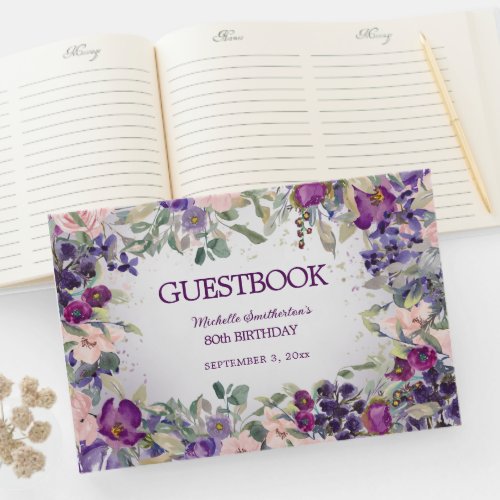 Purple Blush Pink Floral Custom 80th Birthday Guest Book
