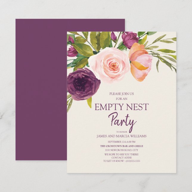 Purple Blush Pink Floral Empty Nest Party Card (Front/Back)