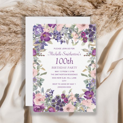 Purple Blush Pink Floral Foliage 100th Birthday  Invitation