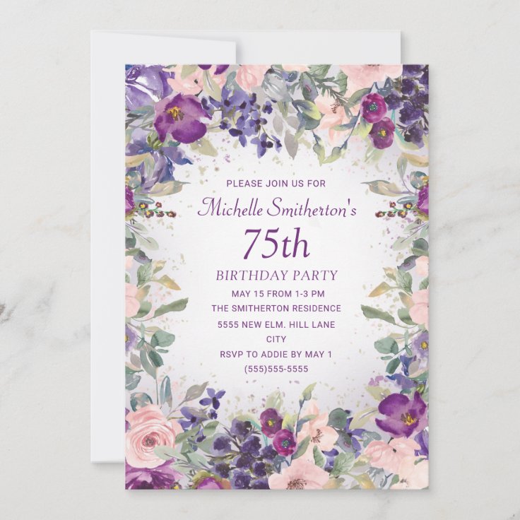 Purple Blush Pink Floral Foliage 75th Birthday Invitation | Zazzle