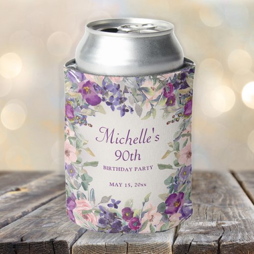 Purple Blush Pink Floral Foliage 90th Birthday Can Cooler