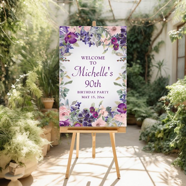 Purple Blush Pink Floral Foliage 90th Birthday Foam Board (Pretty purple and blush pink watercolor floral woman's custom birthday party easel sign)