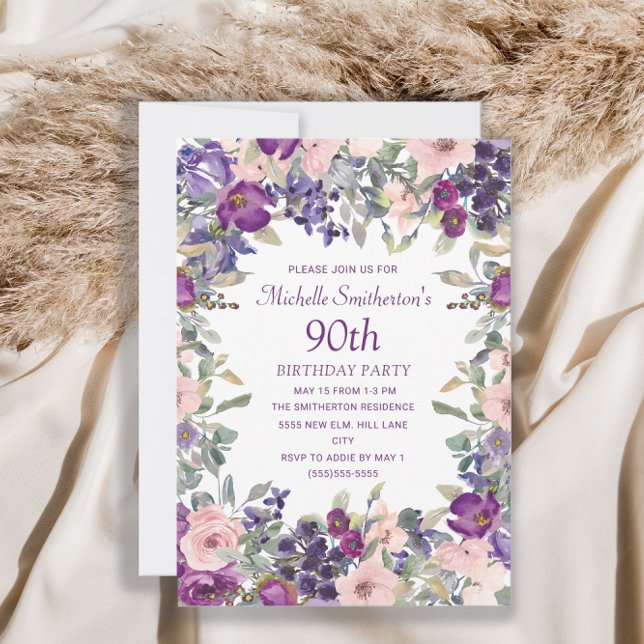 Purple Blush Pink Floral Foliage 90th Birthday Invitation (Creator Uploaded)