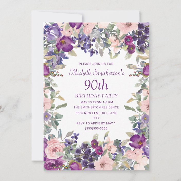 Purple Blush Pink Floral Foliage 90th Birthday Invitation | Zazzle