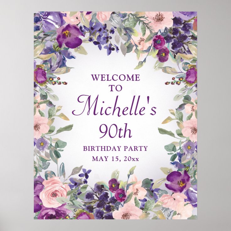 Purple Blush Pink Floral Foliage 90th Birthday Poster Zazzle
