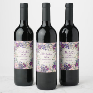 Purple Blush Pink Floral Foliage 90th Birthday Wine Label