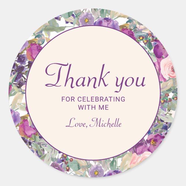 Purple Blush Pink Floral Foliage Birthday  Classic Round Sticker (Front)