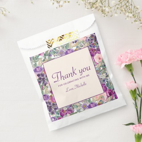 Purple Blush Pink Floral Foliage Birthday  Favor Bag