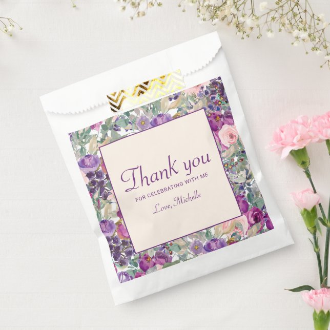 Purple Blush Pink Floral Foliage Birthday  Favor Bag (Sealed)