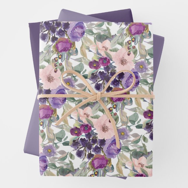 Purple Blush Pink Floral Foliage  Wrapping Paper Sheets (In situ)