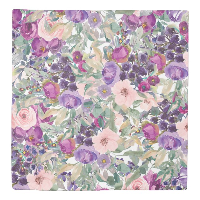 Purple Blush Pink Floral Green Leaves Duvet Cover (Front)