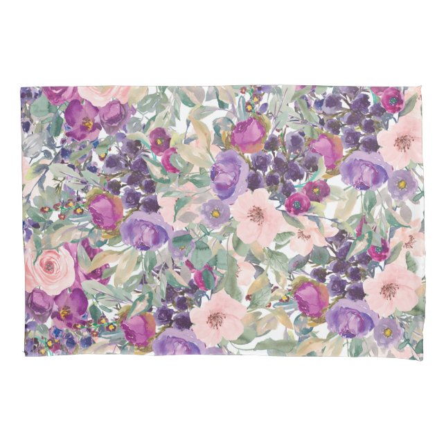 Purple Blush Pink Floral Green Leaves Pillow Case (Front)