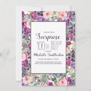 Purple Blush Pink Floral Leaves 100th Birthday Invitation