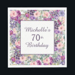 Purple Blush Pink Floral Leaves 70th Birthday Napkins<br><div class="desc">These 70th birthday party paper napkins are designed with a cute wreath of purple and blush pink watercolor floral and sage green leaves.  Text is fully customizable,  so design these paper party napkins for anyone of any age.</div>