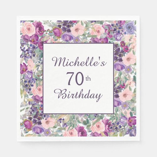 Purple Blush Pink Floral Leaves 70th Birthday Napkins