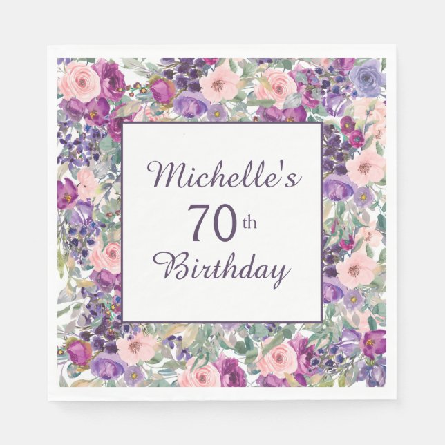 Purple Blush Pink Floral Leaves 70th Birthday Napkins (Front)