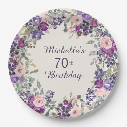 Purple Blush Pink Floral Leaves 70th Birthday  Paper Plates