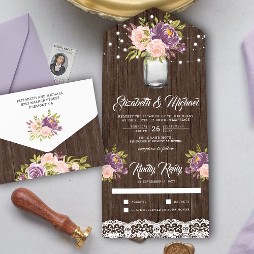 Purple Blush Pink Floral Mason Jar Wood Wedding All In One Invitation