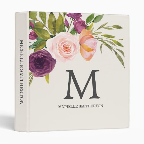 Purple Blush Pink Floral Monogram Initial Name 3 Ring Binder