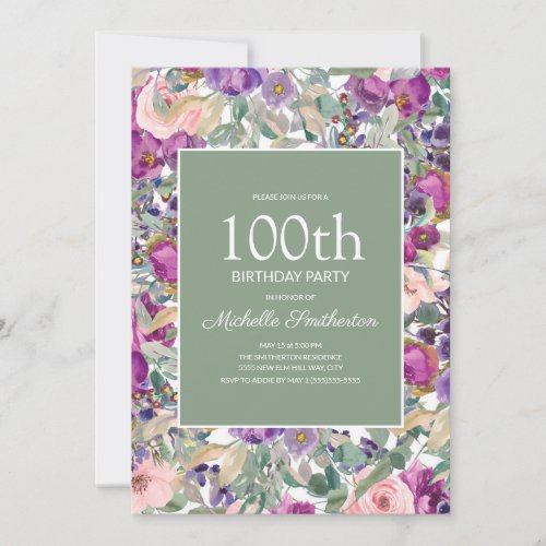 Purple Blush Pink Floral Sage Green 100th Birthday Invitation