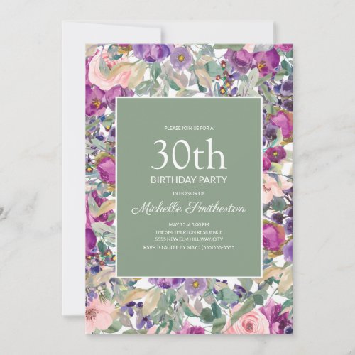 Purple Blush Pink Floral Sage Green 30th Birthday Invitation